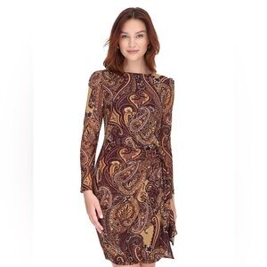 Tommy Hilfiger Women's Long Sleeve Casbah Paisley Mesh Side Tie Shift Dress